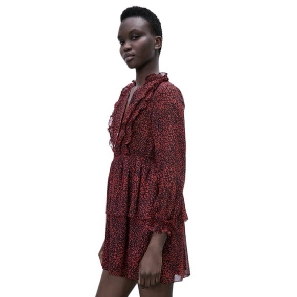 🇺🇸 NWT ZARA ANIMAL PRINT RUFFLE MINI DRESS RED / BLACK - Picture 2 of 6
